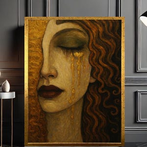 Golden Tears Woman Portrait, Emotional Expressionist Art, Deep Sadness Canvas Print, Modern Wall Art, Canvas Wall Art Home Decor