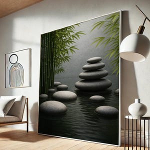 Zen Bamboo Stone Canvas, Tranquil Spa Wall Art Print, Minimalist Water Meditation Decor, Peaceful Nature Poster, Canvas Wall Art