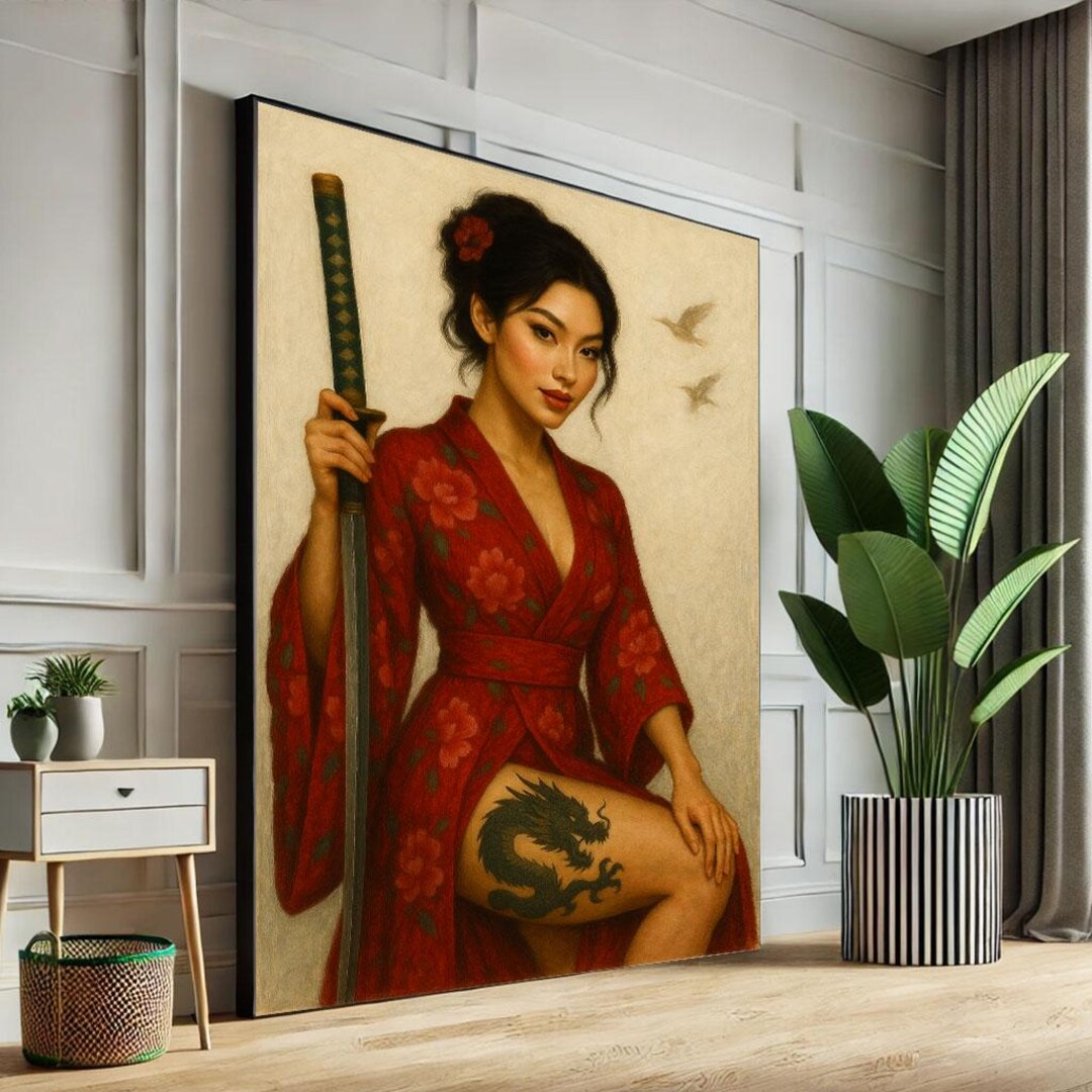 Graceful Samurai Woman Canvas Wall Art Print Red Kimono Living Room ...