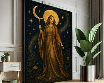Mystical Moon Goddess Canvas Wall Art Print  Celestial Living Room Decor  Statement Piece