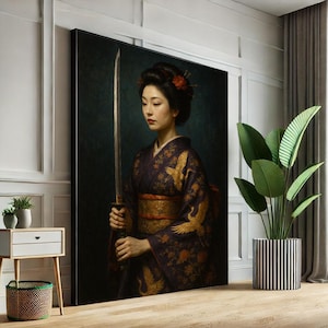 Elegant Japanese Samurai Woman Canvas  Traditional Kimono with Katana Art Print  Bedroom Wall Decor  Statement Piece