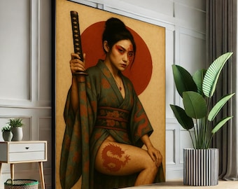 Japanese Warrior Woman Canvas Print, Samurai Tattoo Art