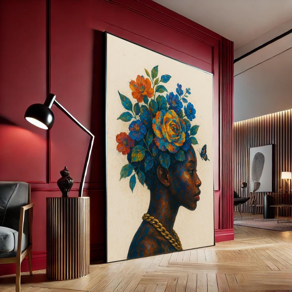 花冠アフリカ黒人女性キャンバスアート、エレガントなアフロ