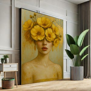 Lienzo decorativo para pared con diseño de mujer elegante con flores amarillas, pieza minimalista para decoración de sala de estar