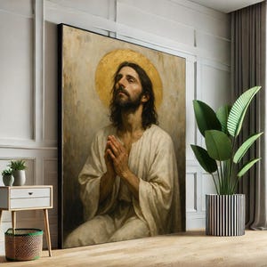 Heavenly Jesus with Golden Halo Canvas Wall Art Print | Spiritual Living Room Decor | Statement Piece