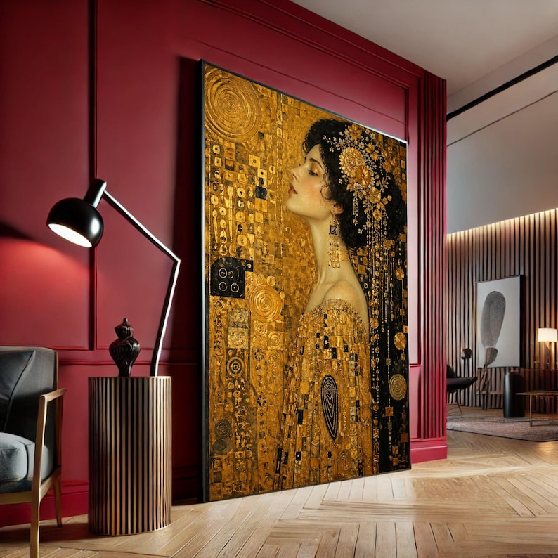 Gustav Klimt Inspired Woman Framed Wall Art, Golden Portrait Canvas ...