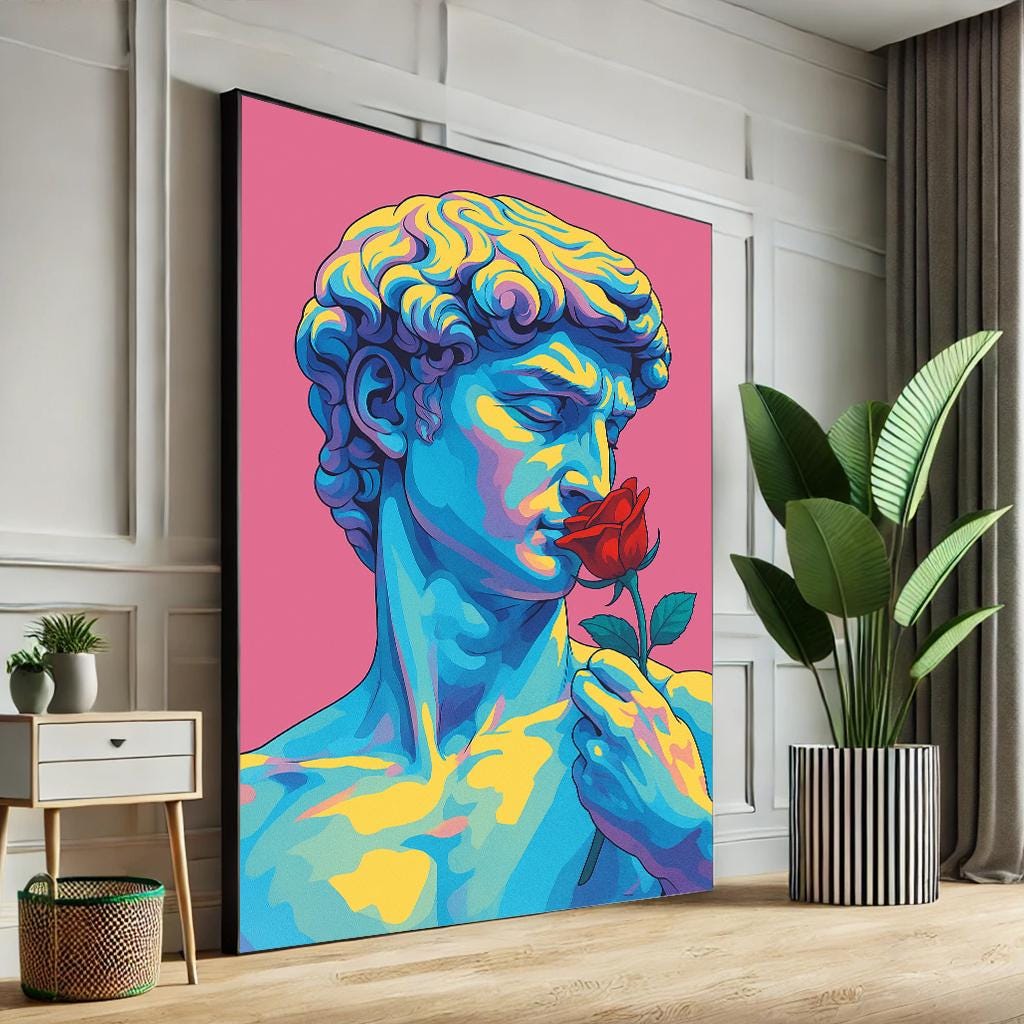 Pop Art David Canvas, Michelangelo Statue With Rose, Retro Home