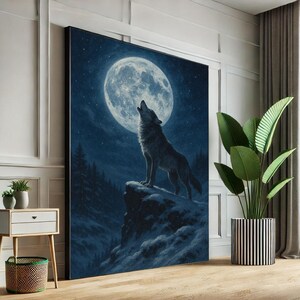Majestic Wolf Howling at Moon Canvas Wall Art Print  Dark Blue Living Room Decor  Statement Piece