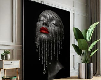 Canvasafdruk Glamoureuze vrouw: zwarte, zilveren en rode lippen