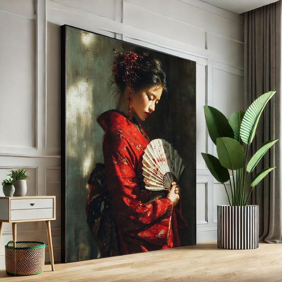 Japanese Woman in Red Kimono Canvas Wall Art Print - Etsy