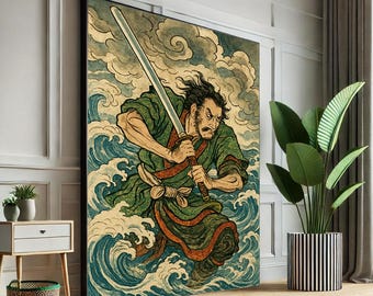 Fierce Japanese Samurai Warrior Canvas Wall Art Print  Traditional Living Room Decor  Statement Piece