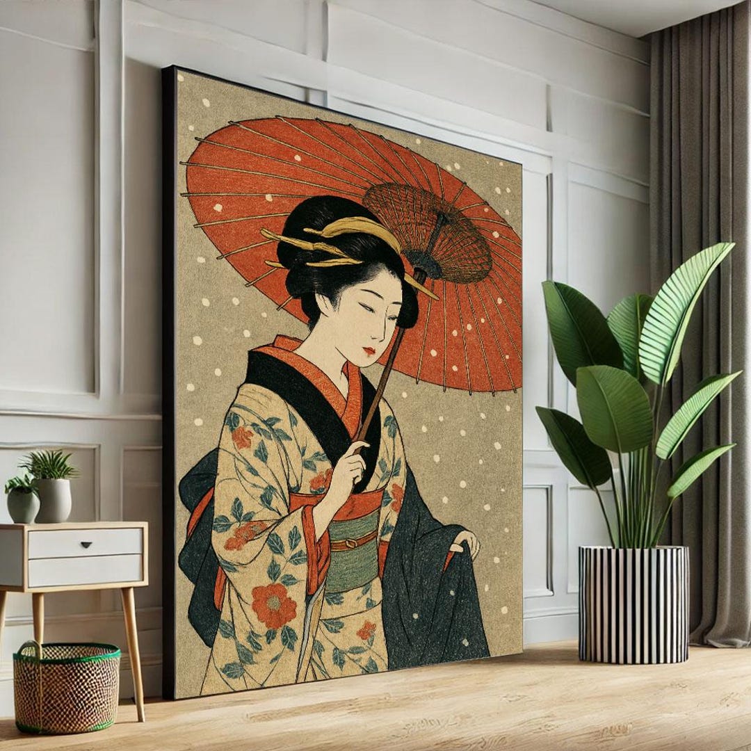 Japanese Geisha Art Print | Elegant Woman With Umbrella, Ready to Hang ...