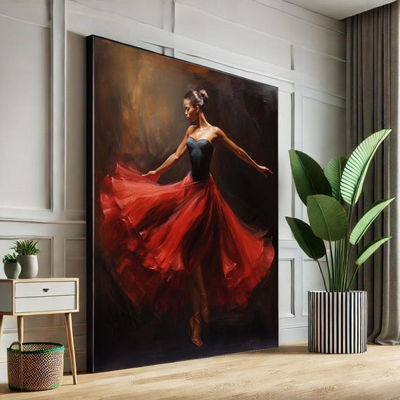 Ballerina in Red Dress Canvas Art Print, Modern Wall Decor