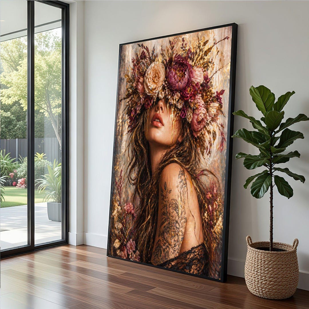 Floral Woman Portrait Framed Wall Art, Gold Botanical Canvas Print ...