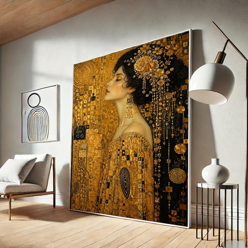 Gustav Klimt Inspired Woman Framed Wall Art, Golden Portrait Canvas ...