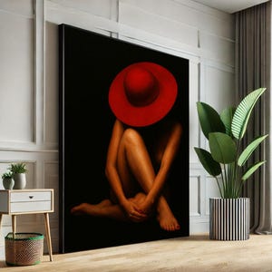 Elegant Woman in Red Hat Canvas Wall Art Print  Minimalist Living Room Decor  Statement Piece