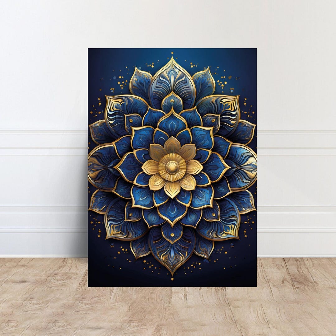 Blue Mandala Canvas Wall Art Boho Gold Sacred Geometry Print, Framed ...