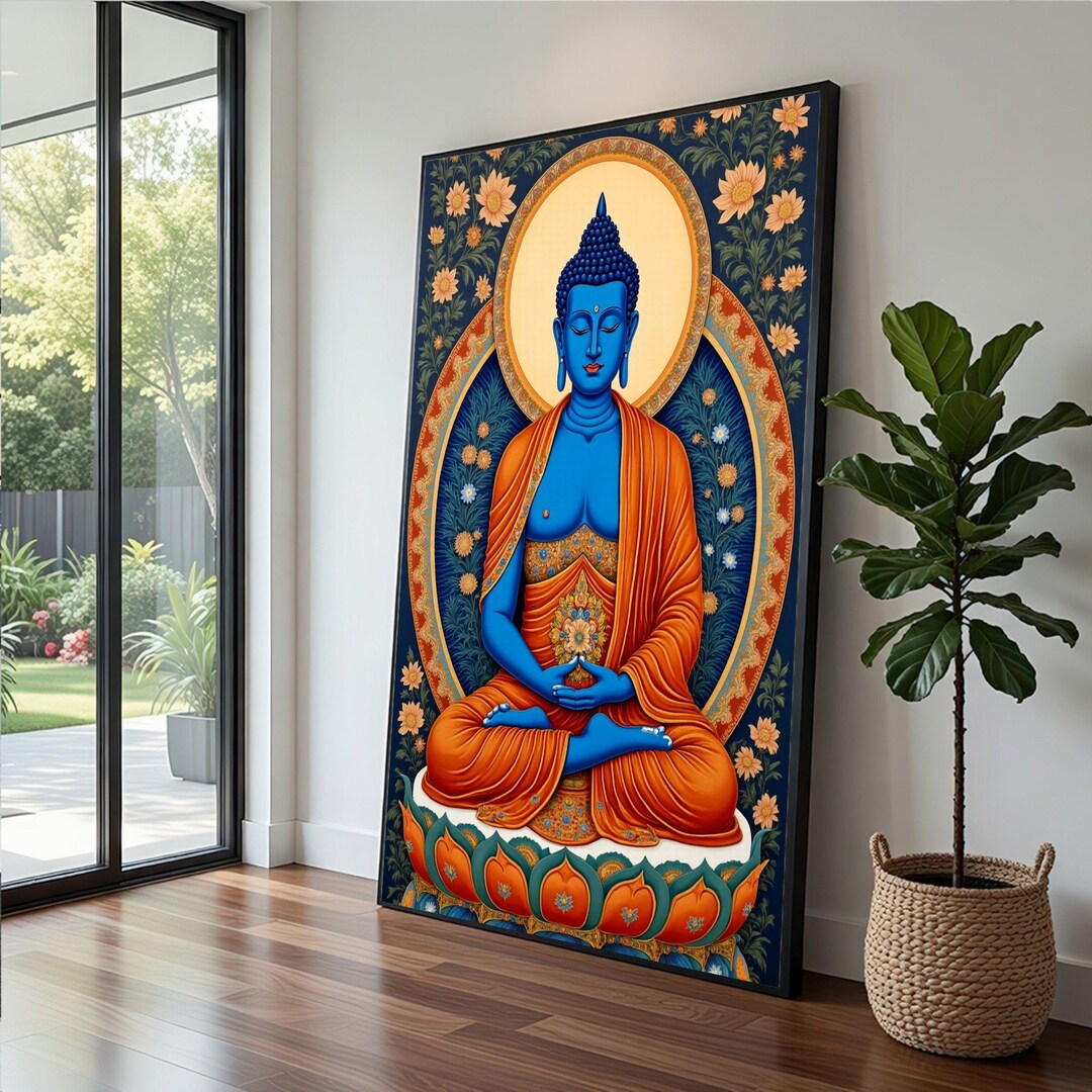 Buddha Meditation Framed Wall Art, Vibrant Blue Orange Canvas Print ...