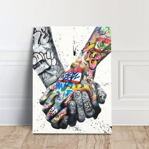 Banksy Graffiti Händchen haltend Wandkunst, Banksy berühmtes Wandbild, Street Graffiti Decor Print