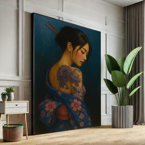 Elegant Japanese Woman Canvas Wall Art Print  Traditional Beauty Living Room Decor  Statement Piece