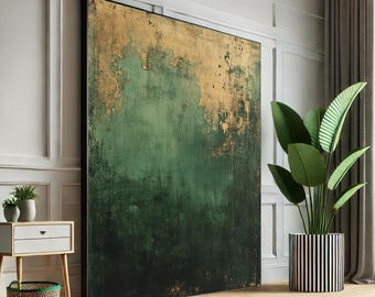 Lienzo decorativo abstracto en verde y dorado inspirado en Mark Rothko – Pintura minimalista moderna para la decoración del salón