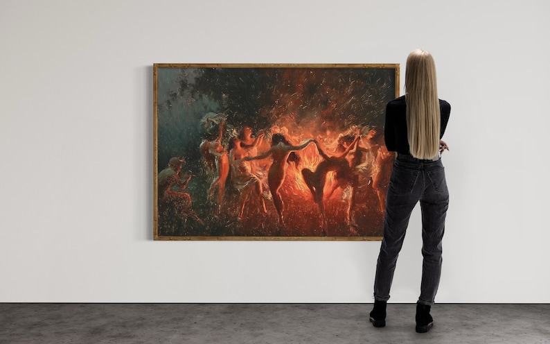 Poster Wall Art Picture Printing Fairy Dancing Fire Dance Wall Art Fire Dance (1889) Painting By Joseph Tomanek Fairy Dancing Fire Dance To A Pan Flute Witch Magic Print Contemporary Living Room