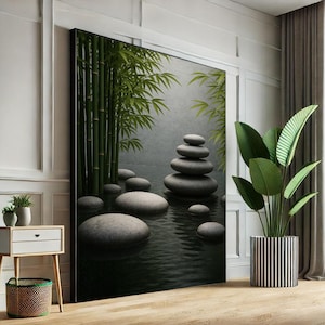 Serene Zen Stones and Bamboo Canvas Wall Art Print  Minimalist Living Room Decor  Ready to Hang