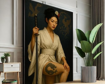 Samurai Woman Canvas Print, Oriental Warrior Art, Elegant Decor