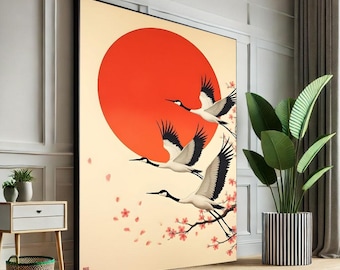Japanese Crane Canvas Print: Minimalist Red Sun Oriental Decor