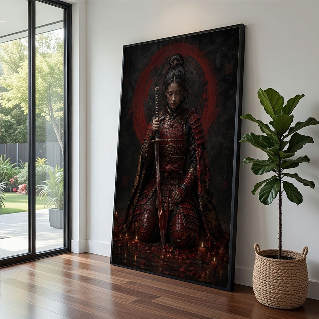 Japanese Samurai Warrior Framed Wall Art, Red Black Armor Canvas Print ...