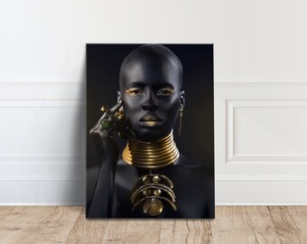 Black Woman Gold Lips Canvas Art, Modern Portrait Print