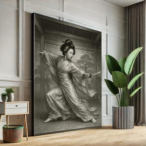 Elegant Samurai Woman in Kimono Canvas Wall Art Print  Monochrome Living Room Decor  Statement Piece