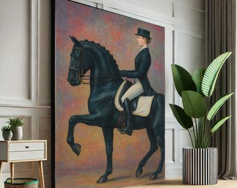 May include: A large framed painting depicts a rider in formal attire on a black horse. The horse is in a dressage pose, with one leg raised. The rider wears a black jacket, white breeches, and a top hat. The background is a blend of pink, orange, and purple.