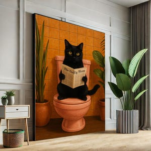 Whimsical Black Cat on Toilet Canvas Wall Art Print  Humorous Living Room Decor  Ready to Hang
