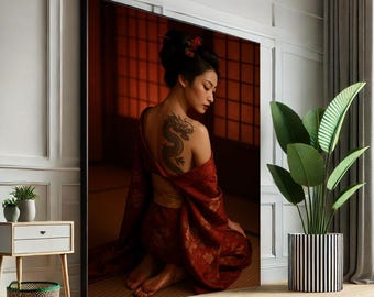 Japanese Kimono Woman Canvas Print, Elegant Bedroom Wall Art