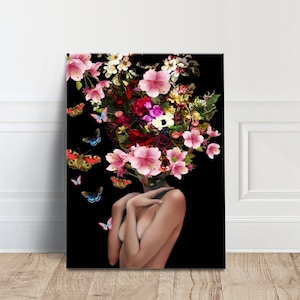 Woman and Colorful Rose Poster Canvas Art, Flower Head Woman Wall Art,Blooming Woman Head, Floral Woman Art