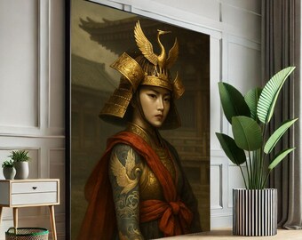Samurai Warrior Canvas Print: Golden Red Tones, Living Room Decor
