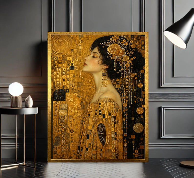 Gustav Klimt Inspired Woman Framed Wall Art, Golden Portrait Canvas ...
