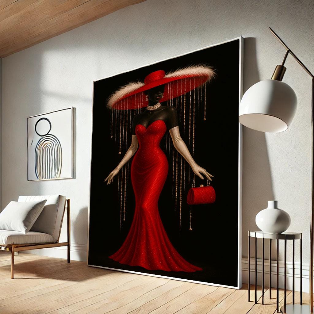 Elegant Black Woman in Red Dress Canvas Wall Art Print Glamorous Living ...