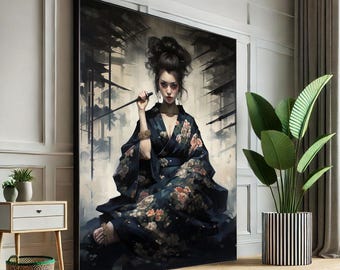 Impresión artística en lienzo de retrato de geisha japonesa en tonos oscuros