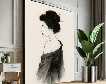 Impresión en lienzo de un elegante retrato de geisha - Decoración minimalista japonesa