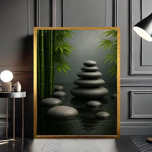 Zen Bamboo Stone Canvas, Tranquil Spa Wall Art Print, Minimalist Water Meditation Decor, Peaceful Nature Poster, Canvas Wall Art