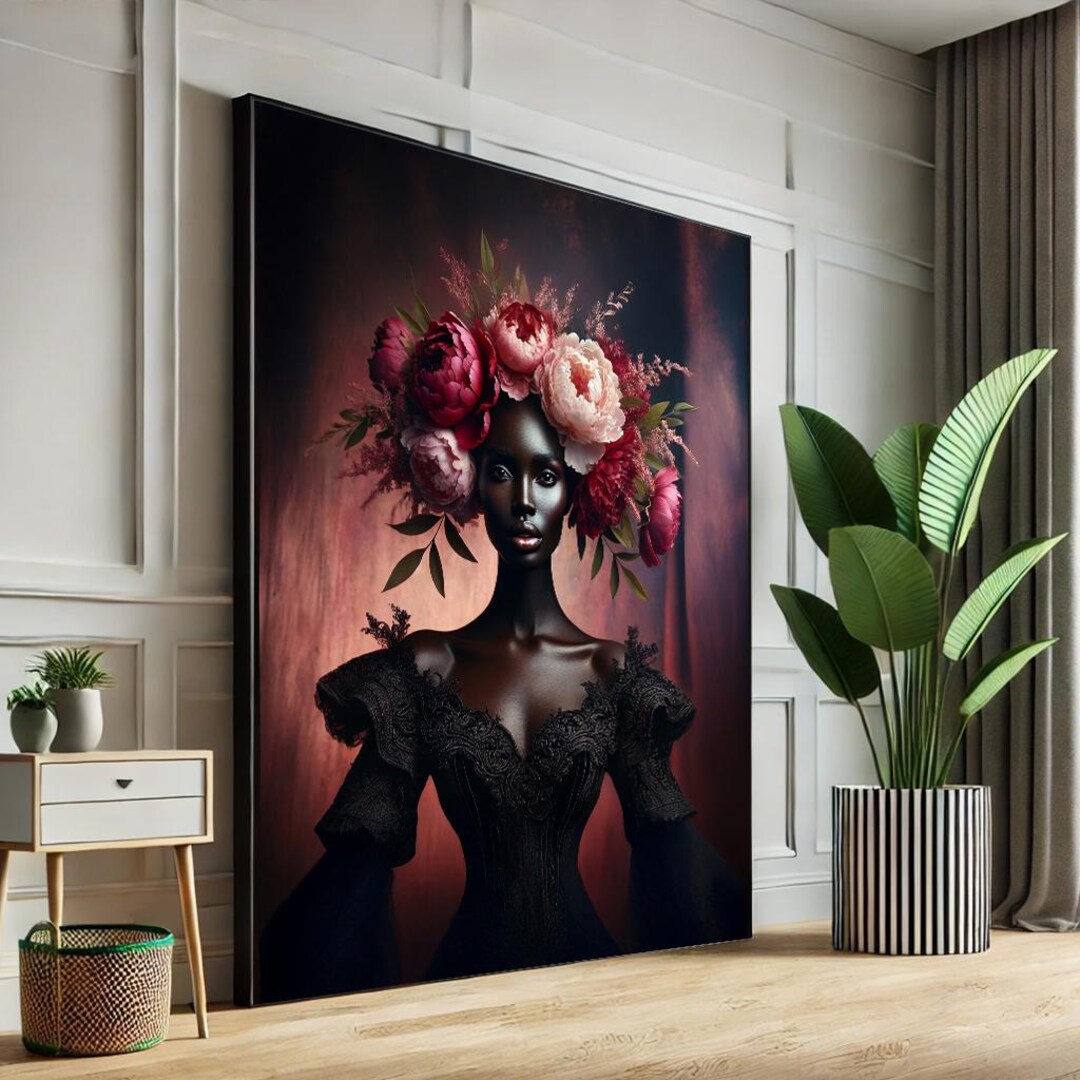 African Black Woman Floral Crown Wall Art - Colorful Canvas Painting ...