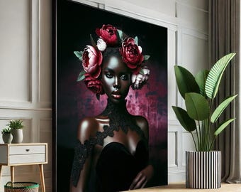 Könnte beinhalten: Ein Porträt einer schwarzen Frau mit dunkler Haut und einer Krone aus roten und weißen Blumen. Sie trägt ein schwarzes Spitzenoberteil und ein schwarzes Samtkleid. Der Hintergrund ist dunkelrot.