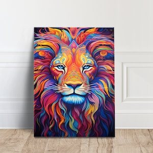 Kleurrijke leeuw canvas, leeuw canvas, leeuw kunst aan de muur, leeuw poster, dierlijke kunst aan de muur, dierlijke poster canvas kunst aan de muur