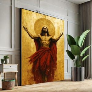 Radiant Jesus with Golden Halo Canvas Wall Art Print  Spiritual Living Room Decor  Statement Piece