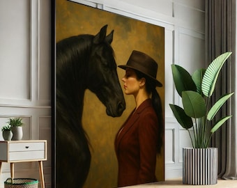 Equestrian Woman and Horse Canvas Art Print, Modern Decor