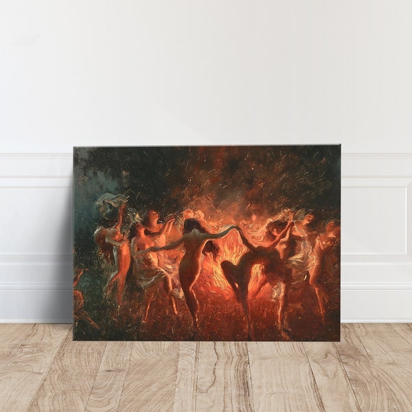 Joseph Tomanek / Peinture de grande taille, magie des sorcières, rouge noir, grand art original, art classique, danse du feu (1889)