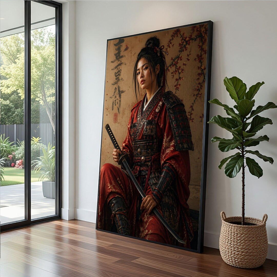 Japanese Samurai Woman Framed Wall Art, Red Armor Portrait Canvas Print ...