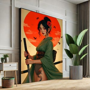 Samurai Woman in Kimono Canvas Wall Art Print  Japanese Style Living Room Decor  Ready to Hang
